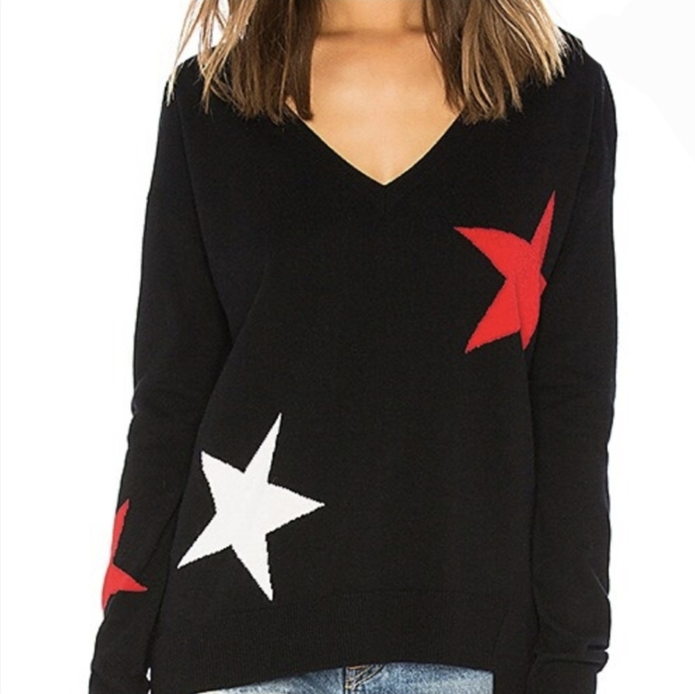 Pam‎ & Gela Star Intarsia Sweater Women's Small Black V Neck Wool Cashmere